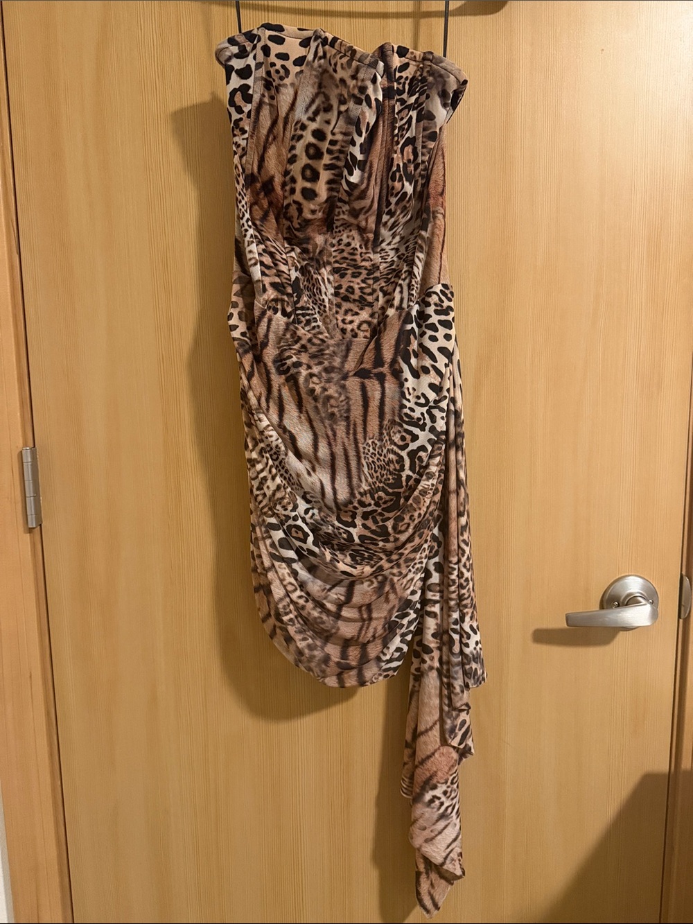 Strapless Animal Print Draped Dress - Brown